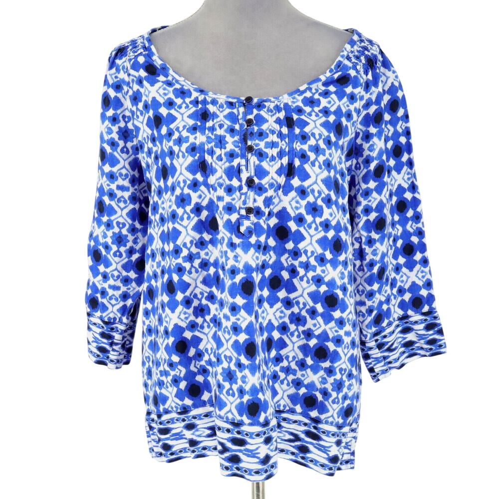 Jones NY Sport Top Womens XL Blue White Linen Pleated Tunic Blouse Beach Resort